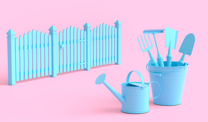 Watering can with garden tools like shovel, rake and fork on monochrome