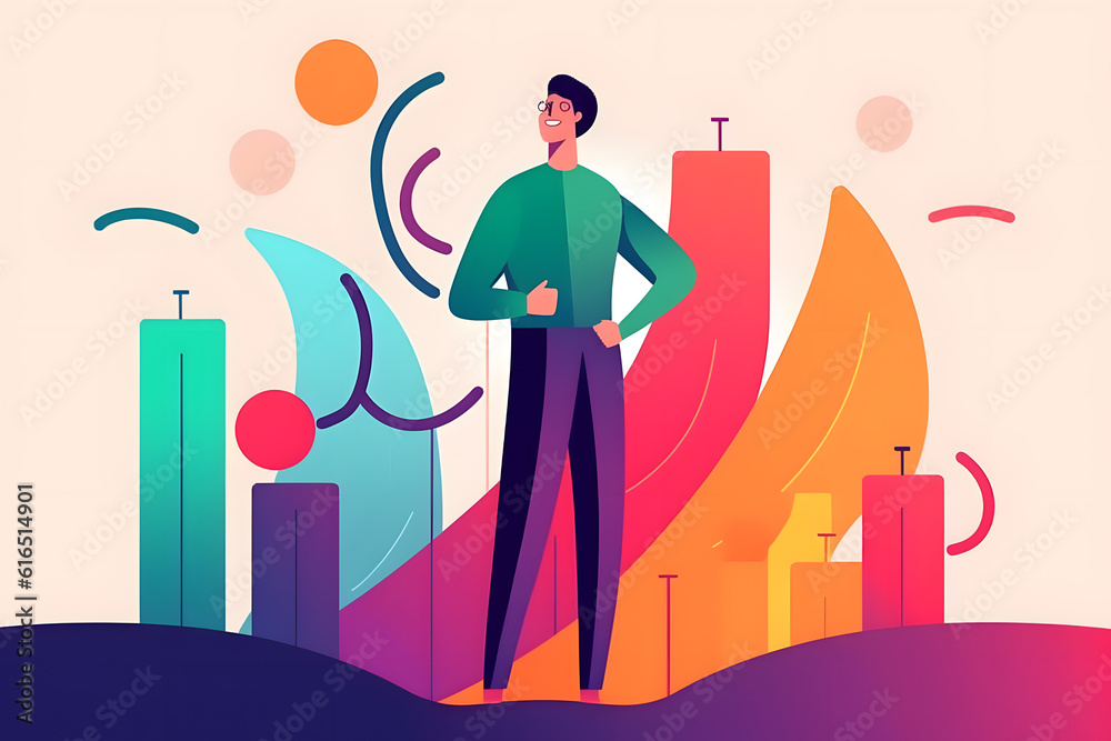 Wall mural a confident investor standing on top of a graph showing consistent upward trends, representing succe