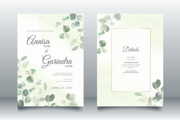 Fototapeta na wymiar Beautiful eucalyptus leaves wedding invitation card template Premium Vector