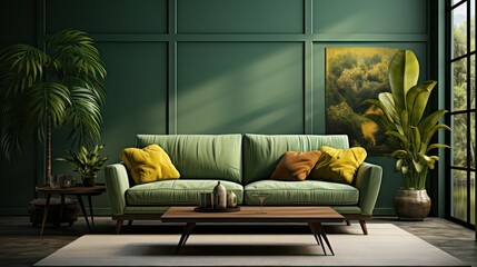 Obraz premium Home interior mockup with sofa, table and decor in modern living room, 3D Render. Created with generative AI.