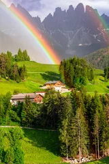 Foto op Canvas Breathtaking Dolomites rocks - most beautiful mountains in Alps, UNESCO site. Unique foto with rainbow. Beautiful valley Val di Funes in South Tyrol, Italy. Alpine nature scenery © Freesurf