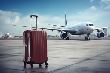 A suitcase on a runway with blurred airplane in the background, Generative ai