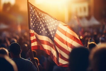 Back view Image of crowd with American flags on fourth of july, Generative ai