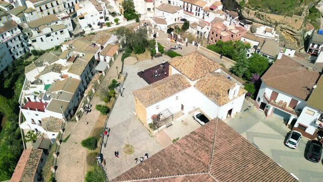 Aerial view of Setenil de las Bodegas, Andalusia. It is famous for its dwellings built into rock overhangs above the river