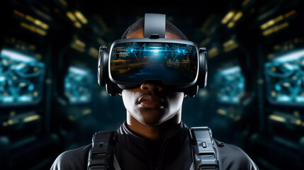 Fototapeta premium Virtual Frontiers: Man Embracing Global Internet Connection in VR Glasses - Generative AI