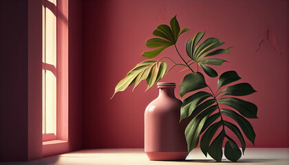 tropical leaves in vase on floor and window on plaster wall. Minimal abstract light green background Ai generated image