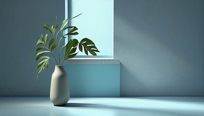 tropical leaves in vase on floor and window on plaster wall. Minimal abstract light green background Ai generated image