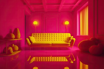 Interior made of hot pink rubber, walls and floor shiny rubber surface, sofa in high visibility yellow rubber. generative AI.