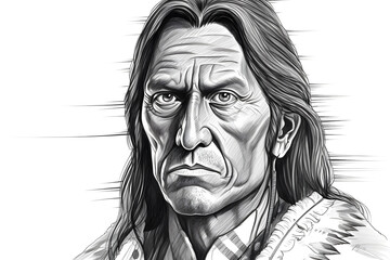 A determined and focused Native American businessman, with a strong gaze and a sense of resilience. Hand drawn pencil illustration. Generative AI