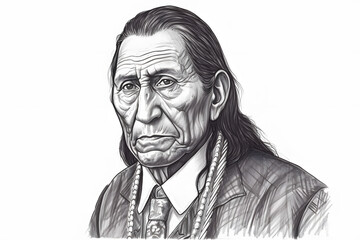 A determined and focused Native American businessman, with a strong gaze and a sense of resilience. Hand drawn pencil illustration. Generative AI