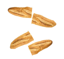 Baguette cut in half. Baguette bread, French bread. Organic baguette francese Isolated on PNGs transparent background. Collection of baked bread