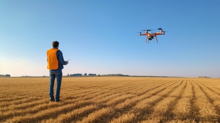 silhouette of a person walking in the field, controlling a drone in the field. Drone flying over.