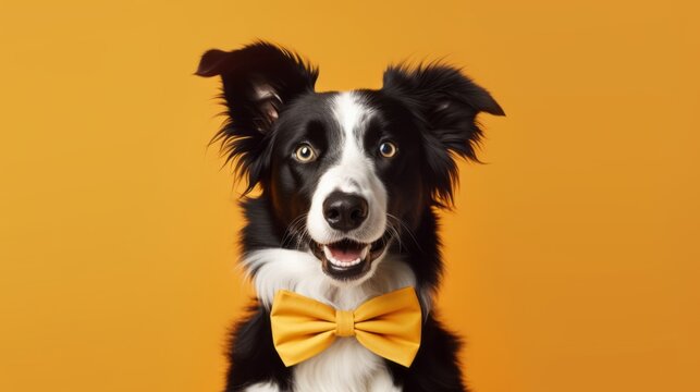 Generative AI. Concept of the holiday and happy birthday dog party. Emotional pet muzzle. Charming smartest black and white border collie wears bow tie. Dog sitting on yellow minimalistic background.