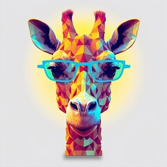 Colorful giraffe with sunglasses on white background. generative AI.