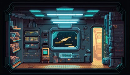  Pixel Art, Space Station Interior, Neon Lighting, diorama. generative AI. 