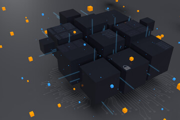 Cubos de flujos de información en redes globales digitales. Blockchain. Ilustración 3D de celdas de datos.