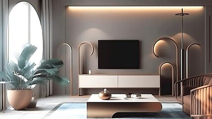 Smart home, living room, lighting, sound, designed with decorative lines and light effects to create a high - tech and modern feel, ins style, clean background, bright. generative AI.
