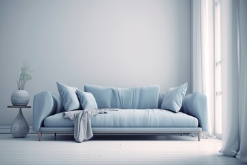  Soft blue sofa on white background, modern minimalistic living room interior detail, cosiness, social media and sale concept, creative advertisement idea. 