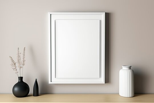 Simple picture frame on a shelf against a wall in bright room. generative AI.