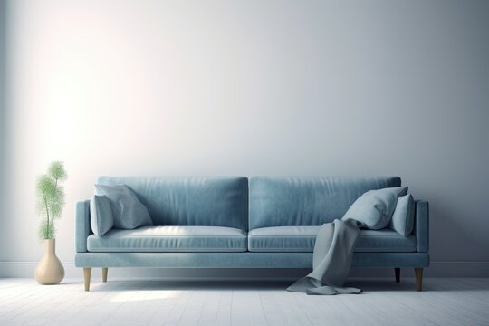  Soft blue sofa on white background, modern minimalistic living room interior detail, cosiness, social media and sale concept, creative advertisement idea. 