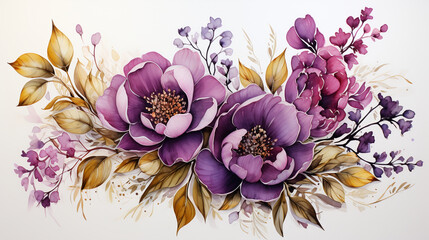 Watercolor Seamless Border with Green and Gold Leaves, Purple Flowers, and Branches,bouquet of flowers on a white background, bouquet of colorful roses, bouquet of flowers, Created using generative AI