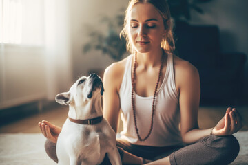Young woman practice yoga in her living room with her dog  - Powered by Adobe