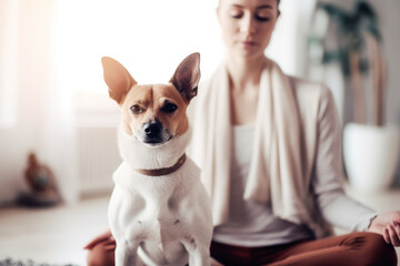 Young woman practice yoga in her living room with her dog 