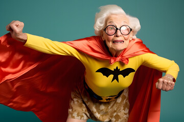 Funny image of a senior woman dressed in a superhero costume, striking a heroic pose, pretending to fly. Generative AI