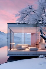 Minimalist home with floor-to-ceiling glass windows and sparsely furnished, sleek interior against a snowy landscape with a lake during sunset. Generative AI