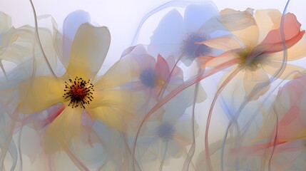 An artistic illustration of imaginary wild flowers on a light background. (Generative AI)