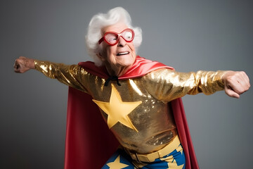 Funny image of a senior woman dressed in a superhero costume, striking a heroic pose, pretending to fly. Generative AI