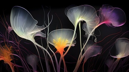 Artistic depicting of an artistic imaginary flowers on a black background (Generative AI)