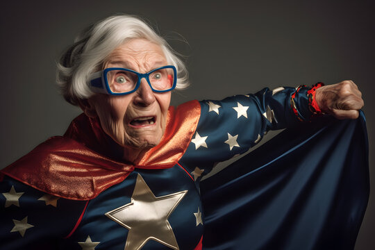 Funny image of a senior woman dressed in a superhero costume, striking a heroic pose, pretending to fly. Generative AI