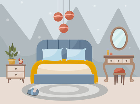 Bedroom Interior: Bed, Bedside Table, Mirror, Alarm Clock, Flowers, Chandelier. Interior Concept. Vector Flat Illustration.