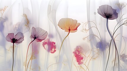An artistic illustration of imaginary wild flowers on a light background. (Generative AI)