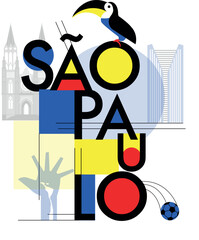 Typography word "Sao Paulo" branding technology concept. Collection of flat vector web icons, culture travel set, famous architectures and specialties detailed silhouette. Brazilian famous landmark.