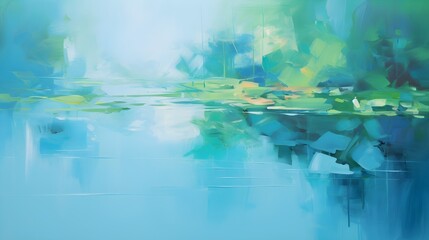 An abstract acrylic composition inspired by the interplay of light and water reflections in a tranquil pond, with serene blues and greens (Geneartive AI)