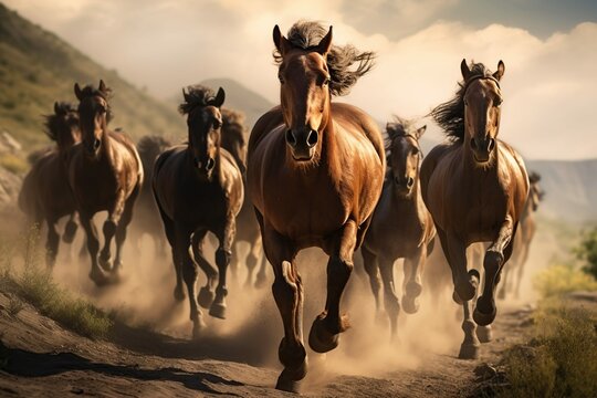 Brown Horse herd run, Generative ai © dhiyaeddine