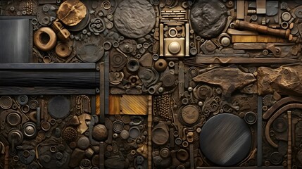 A collage of various textures and materials (metal, fabric, wood) creating a tactile and visually rich composition (Generative AI)