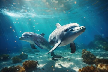 Couple dolphins swimming underwater shot, Generative ai