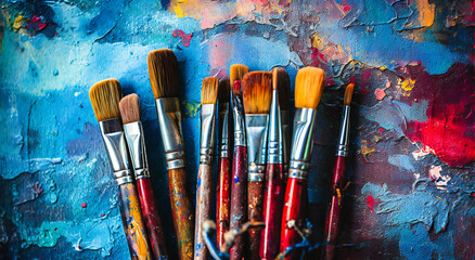 Fototapeta premium art brushes with artistic paints sitting down