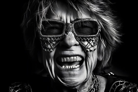 Funny old woman with a heavy-metal haircut and a heavy-metal outfit. Generative AI