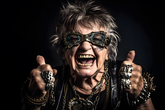 Funny old woman with a heavy-metal haircut and a heavy-metal outfit. Generative AI