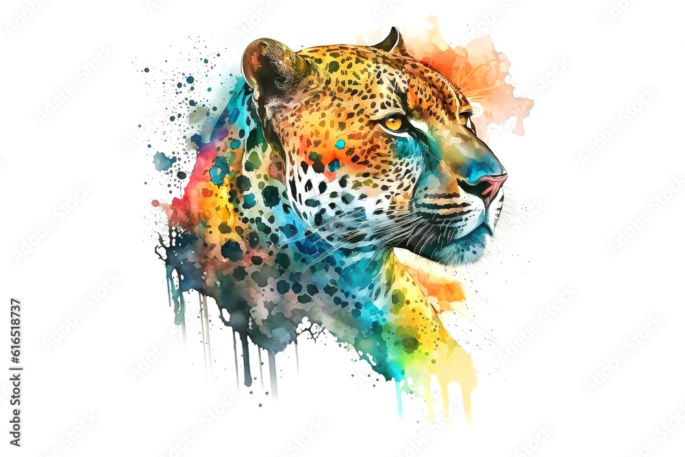 Poster leopard is drawn with multi-colored watercolors isolated on a white background. generated by ai