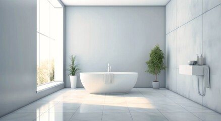 Naklejka na ściany i meble an empty modern bathroom has a clear bathtub and door