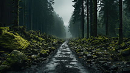 Obraz premium Forest Landscape Of Coniferous Trees For Backgrounds And Wallpapers Created With The Help Of Artificial Intelligence