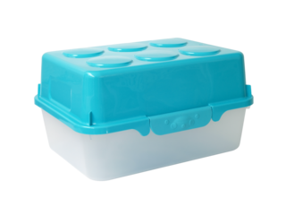 translucent plastic storage box with pastel blue lid lock isolated on white
