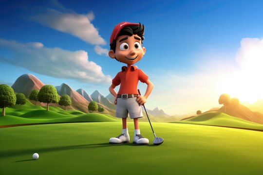 Cute Cartoon Golfer on a Golf Course