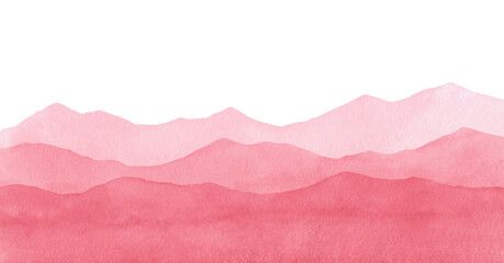 Watercolor illustration of a panoramic view of the hills and mountains with a gradient in red and pink shades. Drawn by hand. Textural background with place for text. For poster, design, decoration.