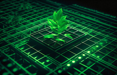 a plant grows up on a green grid symbol